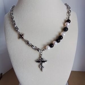 Silver and Black Cross Pearl Pendant Necklace
